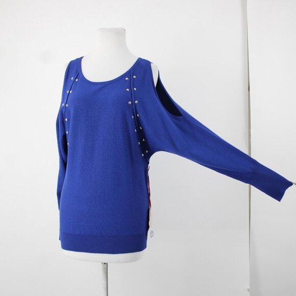 Jennifer Lopez $50 Sz XS Blue Silver Studded Cold Shoulder Viscose Sweater - Picture 4 of 16